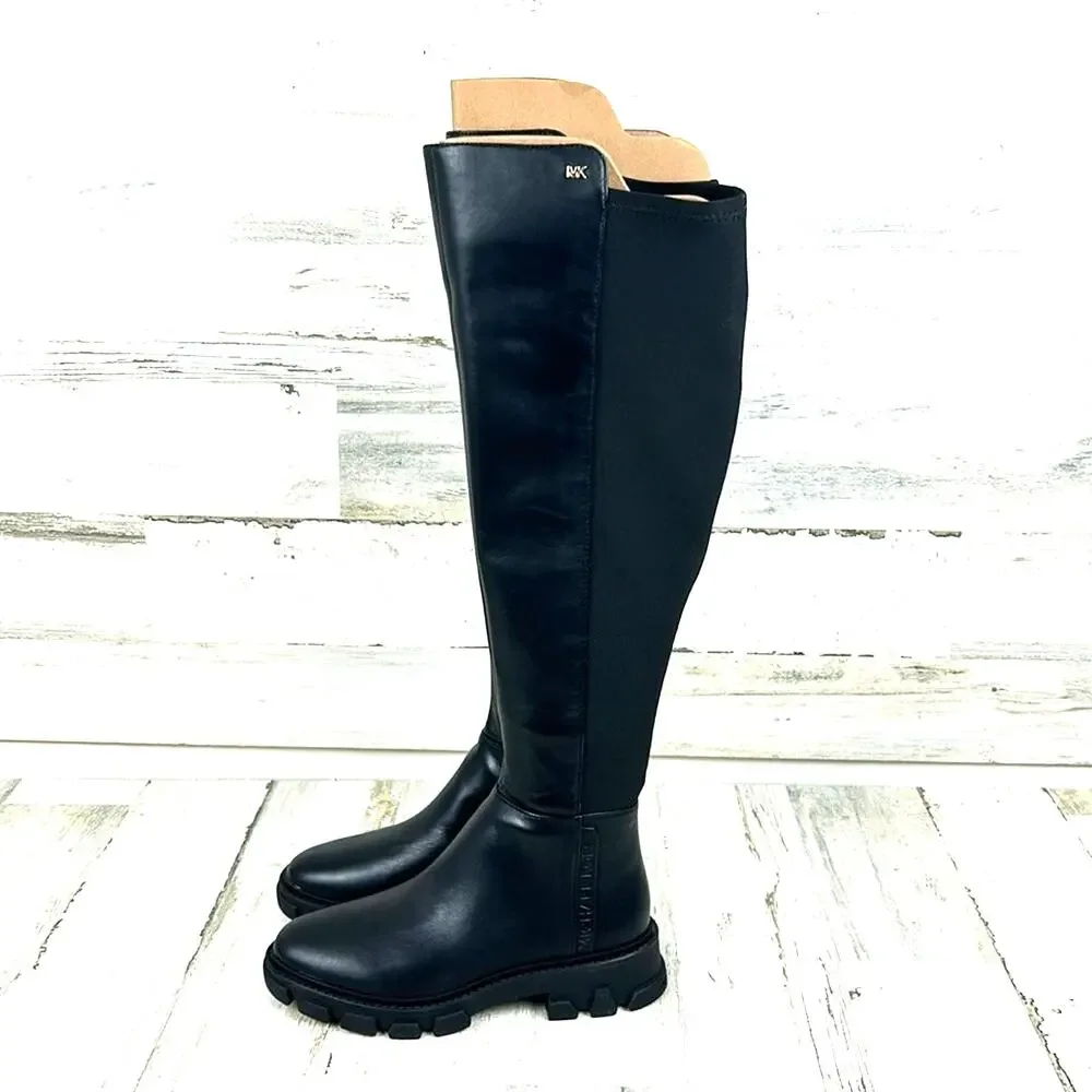 Michael Kors Womens 5 Black Ridley Leather Combat Knee High Boots NEW